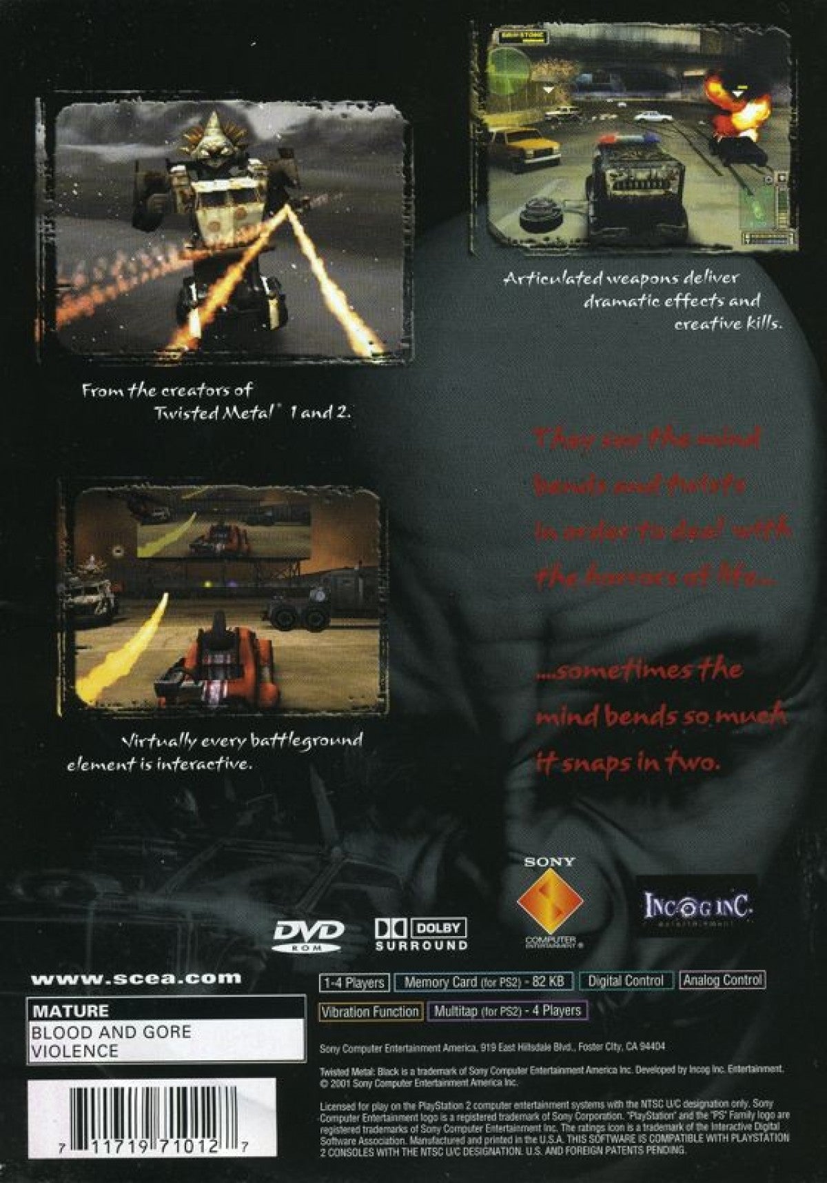 Twisted Metal: Black [Greatest Hits] – PlayStation 2 (PS2) video game back of case, vehicular combat.
