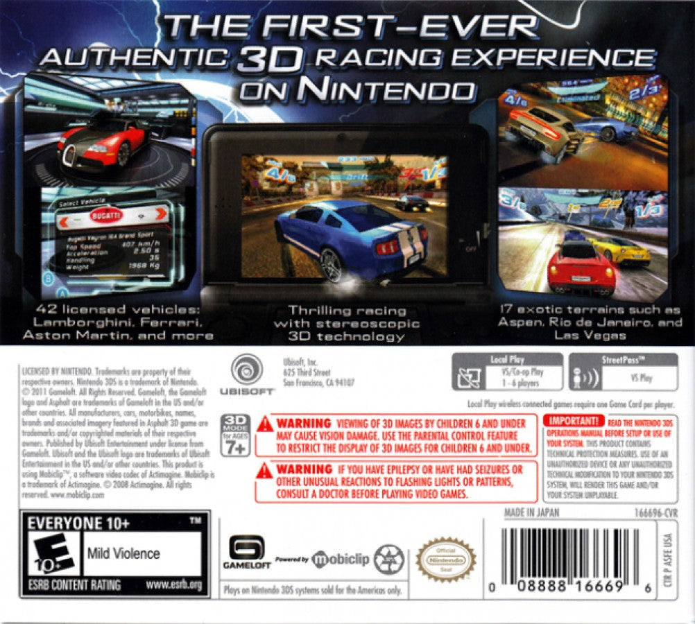 Asphalt 3D back of case for Nintendo 3DS (3DS) racing video game