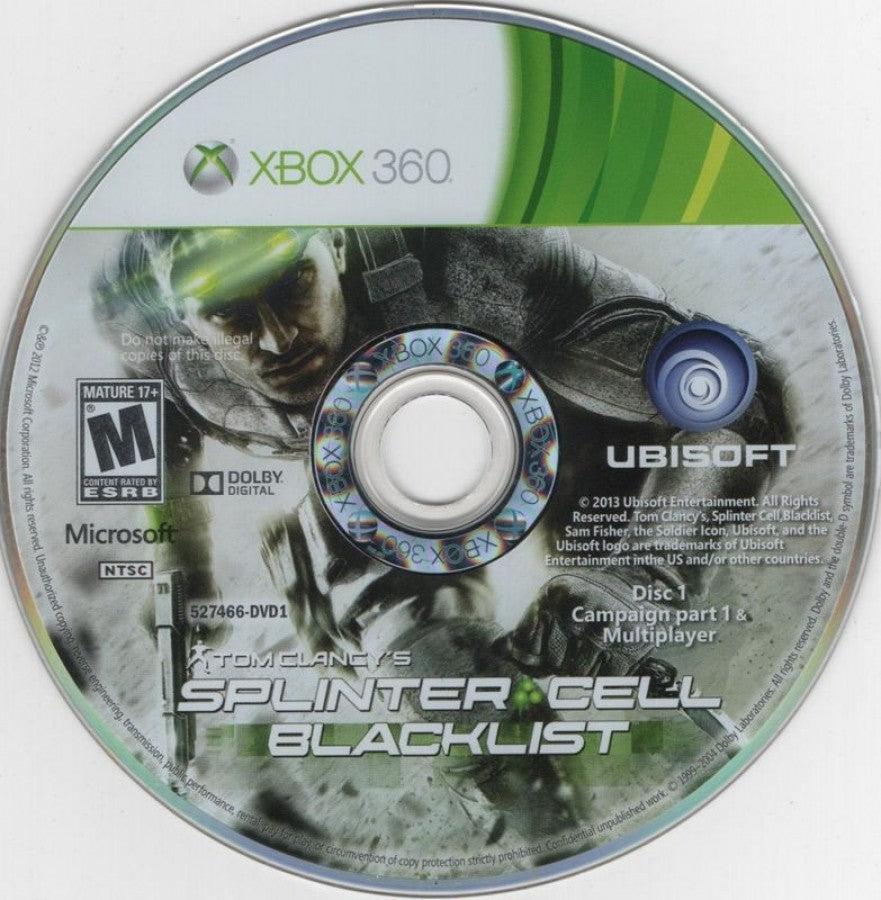Splinter Cell Blacklist video game featuring stealth action gameplay tactical espionage missions Sam Fisher covert operations customizable loadouts single player campaign and online multiplayer modes by Ubisoft disc