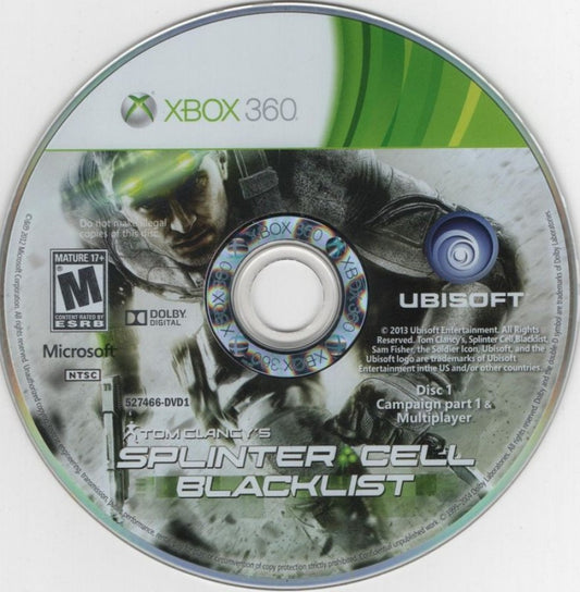 Splinter Cell Blacklist video game featuring stealth action gameplay tactical espionage missions Sam Fisher covert operations customizable loadouts single player campaign and online multiplayer modes by Ubisoft disc