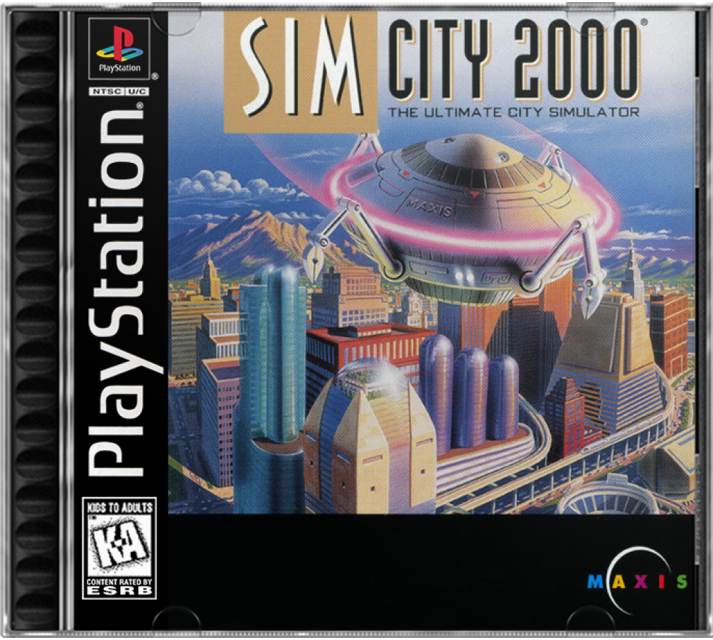 SimCity 2000 for PlayStation 1, cover image for a city-building simulation video game with urban planning, resource management, infrastructure development, and classic strategy gameplay
