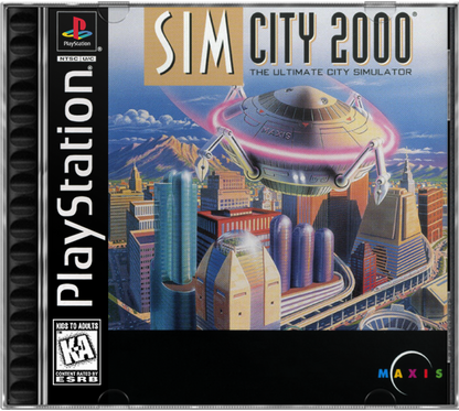 SimCity 2000 for PlayStation 1, cover image for a city-building simulation video game with urban planning, resource management, infrastructure development, and classic strategy gameplay