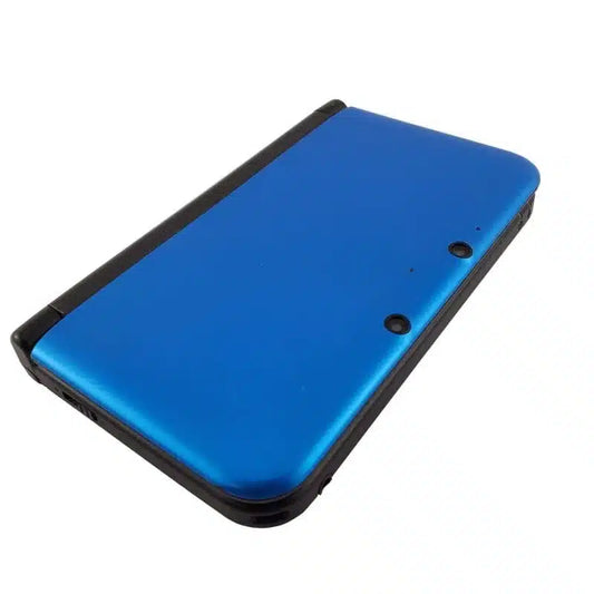 Blue Nintendo 3DS XL handheld console featuring large dual screens glasses free 3D gameplay built in WiFi backwards compatibility with DS games and portable Nintendo gaming system side view of top shell