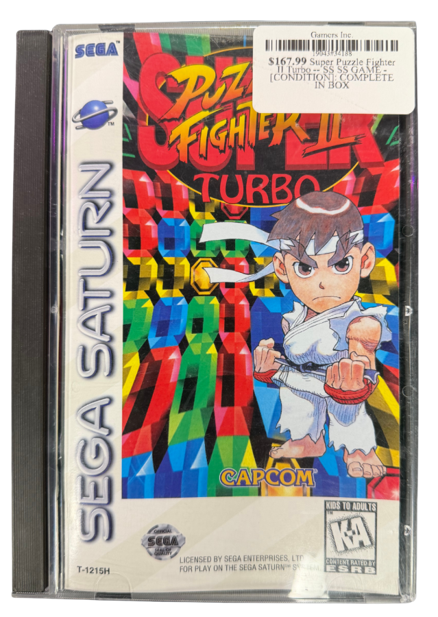 Super Puzzle Fighter II Turbo Sega Saturn SS for puzzle fighting video game fans featuring colorful gem matching gameplay chain reactions competitive battles Street Fighter and Darkstalkers characters strategic combos arcade style action multiplayer matches and classic Capcom Sega Saturn gaming collectible appeal cover art