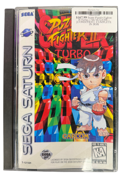 Super Puzzle Fighter II Turbo Sega Saturn SS for puzzle fighting video game fans featuring colorful gem matching gameplay chain reactions competitive battles Street Fighter and Darkstalkers characters strategic combos arcade style action multiplayer matches and classic Capcom Sega Saturn gaming collectible appeal cover art