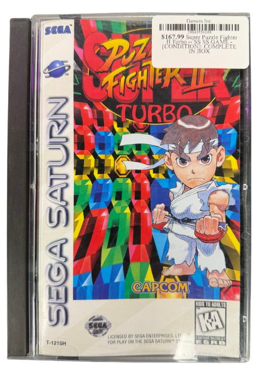 Super Puzzle Fighter II Turbo Sega Saturn SS for puzzle fighting video game fans featuring colorful gem matching gameplay chain reactions competitive battles Street Fighter and Darkstalkers characters strategic combos arcade style action multiplayer matches and classic Capcom Sega Saturn gaming collectible appeal cover art