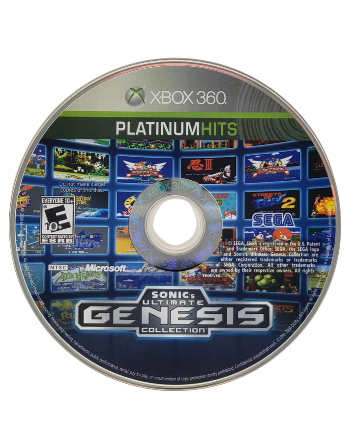 Sonic Ultimate Genesis Collection Platinum Hits for Xbox 360 compilation video game featuring classic Sega Genesis titles including Sonic the Hedgehog series, retro arcade gameplay, and nostalgic multiplayer experience disc