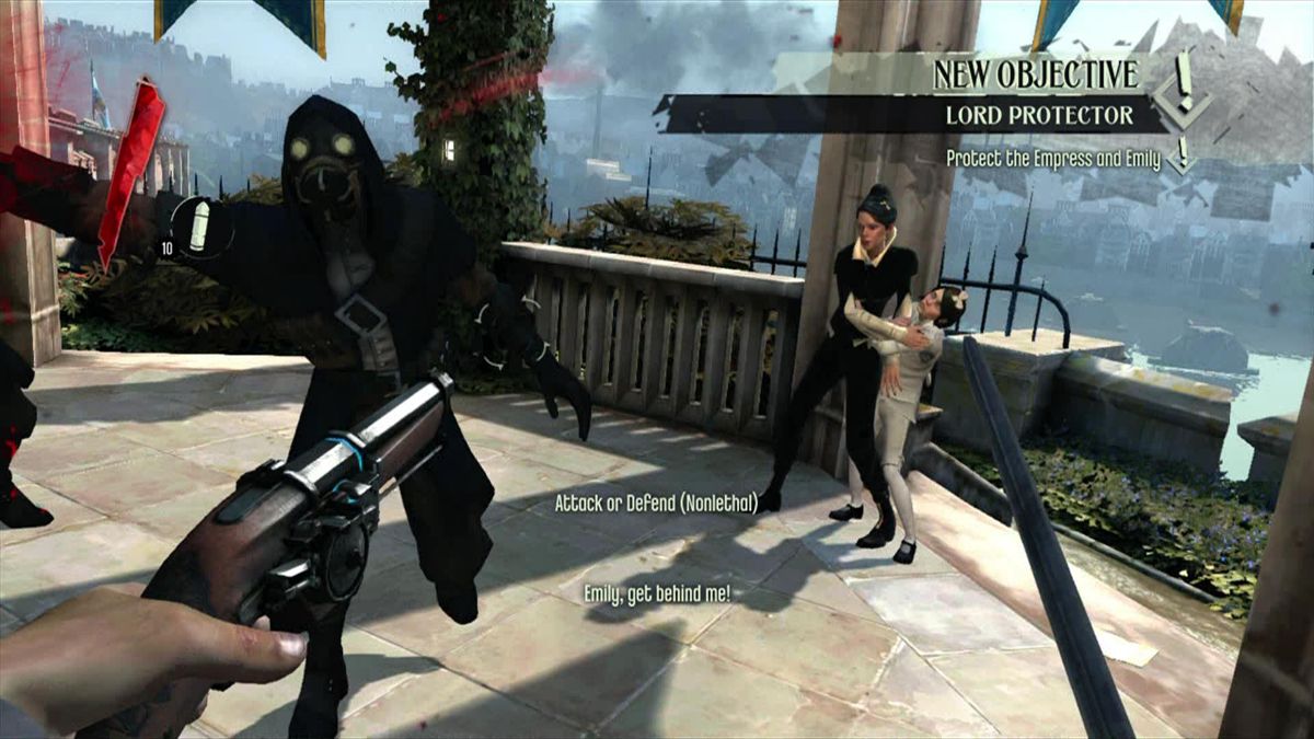 Dishonored Platinum Hits Xbox 360 stealth first-person action video game Arkane Studios Bethesda Corvo supernatural assassin supernatural abilities Blink possession rats chaos system multiple approaches non-lethal lethal options Dunwall plague conspiracy revenge story DLC content included gameplay screenshot