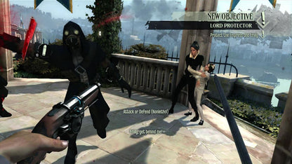 Dishonored Platinum Hits Xbox 360 stealth first-person action video game Arkane Studios Bethesda Corvo supernatural assassin supernatural abilities Blink possession rats chaos system multiple approaches non-lethal lethal options Dunwall plague conspiracy revenge story DLC content included gameplay screenshot