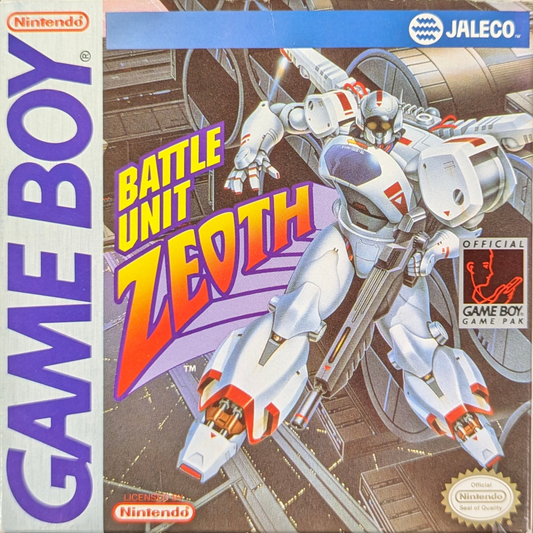 Battle Unit Zeoth [Missing Manuals/Inserts] for Game Boy (GB) featuring a sci fi top down shooter where you pilot a transforming mech tank through intense missions; blast enemies collect upgrades and survive challenging stages in this boxed copy missing the original manuals and inserts front coer