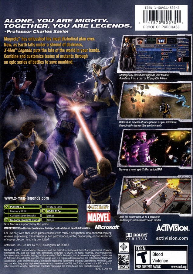 X-Men Legends Xbox XBOX for action role playing video game fans featuring Marvel superhero team based combat iconic X-Men characters character progression cooperative multiplayer mutant powers immersive comic book storyline dungeon exploration collectible gaming appeal back cover art