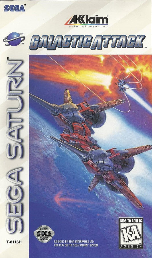 Galactic Attack Sega Saturn vertical scrolling shoot em up shmup arcade space shooter layered sprite graphics fast paced enemy waves power ups sci fi spaceship combat Taito arcade classic retro gaming Sega Saturn software video game title cover art