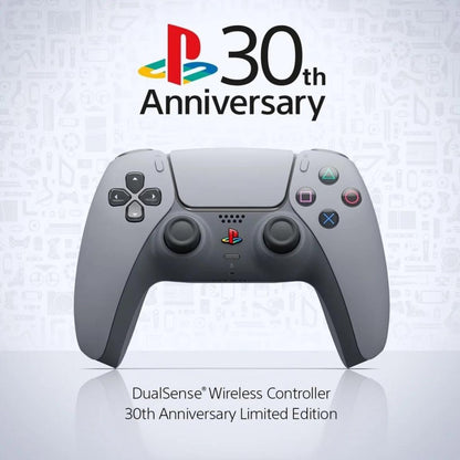 PlayStation 5 DualSense Wireless Controller 30th Anniversary Edition Pre Owned PS5 gaming accessory featuring classic PlayStation gray design retro inspired colored logo and iconic button symbols wireless Bluetooth connectivity adaptive triggers haptic feedback immersive vibration built in microphone touchpad motion sensors ergonomic grip rechargeable battery and responsive PlayStation 5 gaming controls collectible anniversary edition controller and gaming setup appeal ad