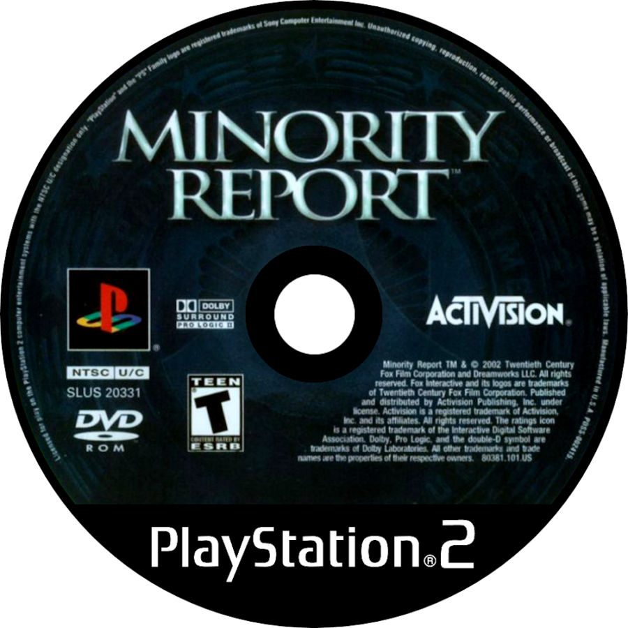 Minority Report disc art for PlayStation 2 (PS2) featuring futuristic third‑person action gameplay with explosive combat, jetpack sequences, and destructible environments.