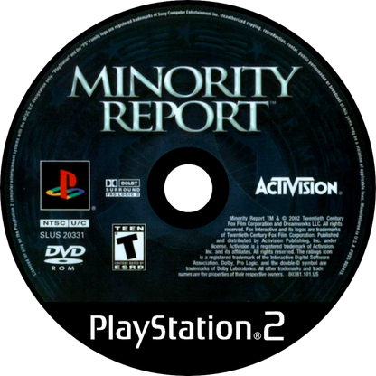 Minority Report disc art for PlayStation 2 (PS2) featuring futuristic third‑person action gameplay with explosive combat, jetpack sequences, and destructible environments.