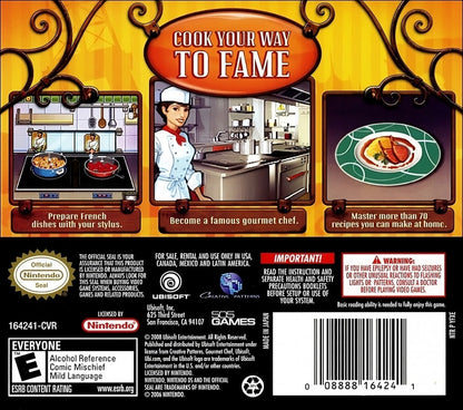 Gourmet Chef Cook Your Way to Fame for Nintendo DS cooking simulation game featuring recipe preparation time management kitchen challenges stylus based controls and a career driven culinary gameplay experience back cover