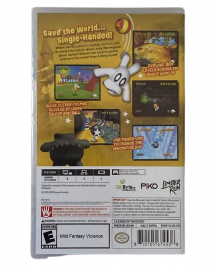 Glover Nintendo Switch NS for 3D platforming video game fans featuring glove based gameplay colorful worlds puzzle solving ball manipulation platforming challenges collectible items creative level design and classic adventure gameplay collectible gaming appeal back