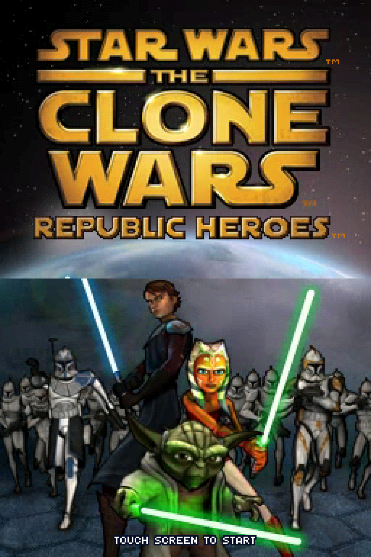 Star Wars Clone Wars Republic Heroes Nintendo DS game featuring action adventure gameplay, cooperative missions, and characters from the Star Wars The Clone Wars series main menu title screen