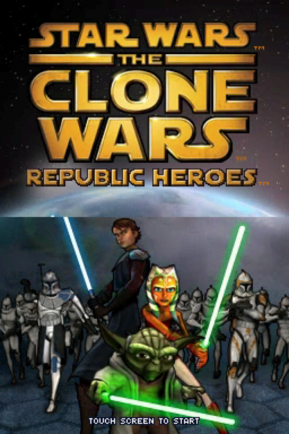 Star Wars Clone Wars Republic Heroes Nintendo DS game featuring action adventure gameplay, cooperative missions, and characters from the Star Wars The Clone Wars series main menu title screen
