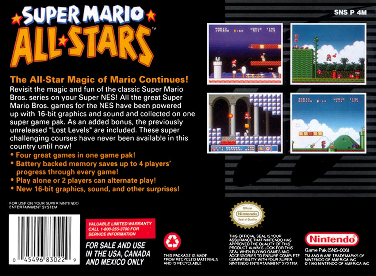 Super Mario All-Stars [Player's Choice] – Super Nintendo Entertainment System (SNES) back of box for retro platformer video game