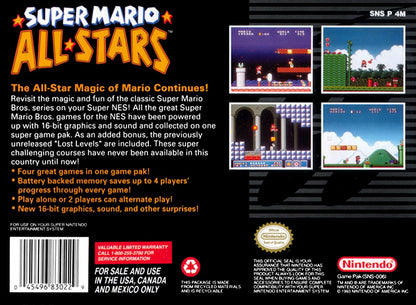 Super Mario All-Stars [Player's Choice] – Super Nintendo Entertainment System (SNES) back of box for retro platformer video game