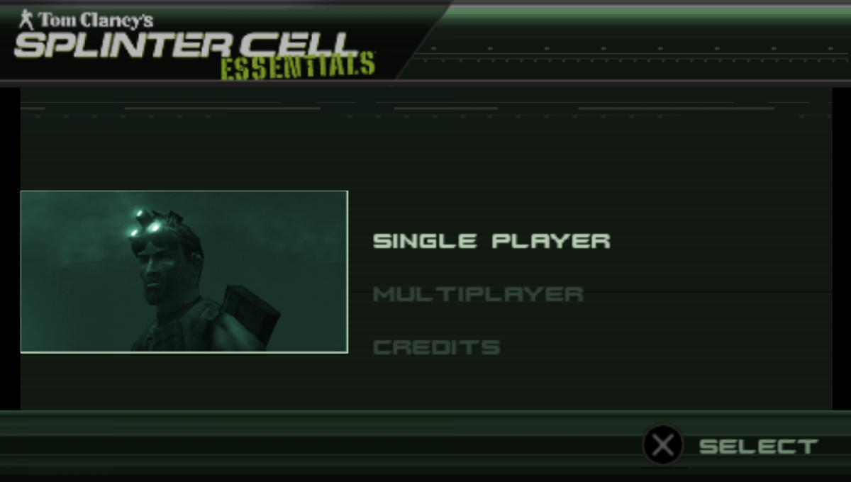 Tom Clancy's Splinter Cell: Essentials – home screen for PlayStation Portable (PSP) stealth action game