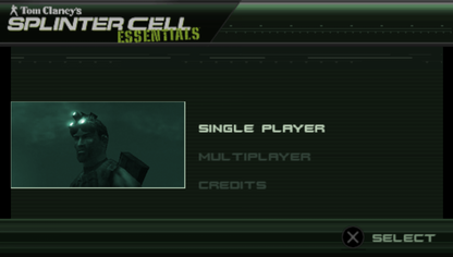 Tom Clancy's Splinter Cell: Essentials – home screen for PlayStation Portable (PSP) stealth action game