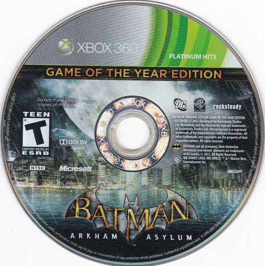 Batman: Arkham Asylum [Game of the Year] [Platinum Hits] disc for Xbox 360 (X360) action-adventure video game