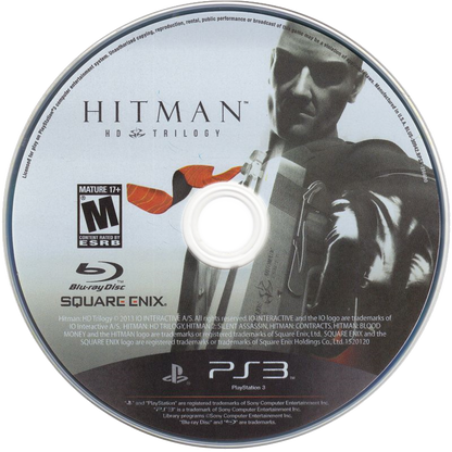 Hitman Trilogy HD PlayStation 3 PS3 video game collection, stealth action gameplay, Agent 47 missions, remastered classic Hitman titles disc art