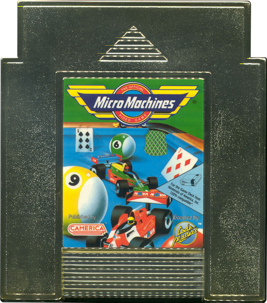 Micro Machines Nintendo Entertainment System NES video game featuring top down racing gameplay miniature vehicles colorful tracks competitive races obstacle courses fast paced driving action multiplayer racing and classic 8 bit Nintendo gameplay retro video game collection collectible gaming appeal game cartridge