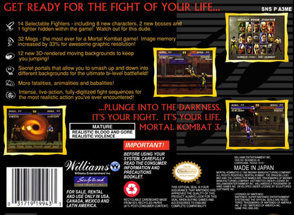Mortal Kombat 3 Super Nintendo Entertainment System SNES video game, fighting action, arcade-style combat, classic Mortal Kombat franchise title back cover