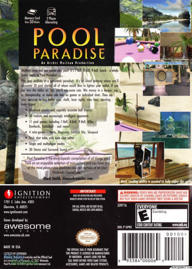 Pool Paradise Nintendo GameCube for retro video game enthusiasts featuring realistic billiards gameplay multiple pool game modes immersive tournament competition skill based cue control detailed table environments and collectible gaming appeal back cover
