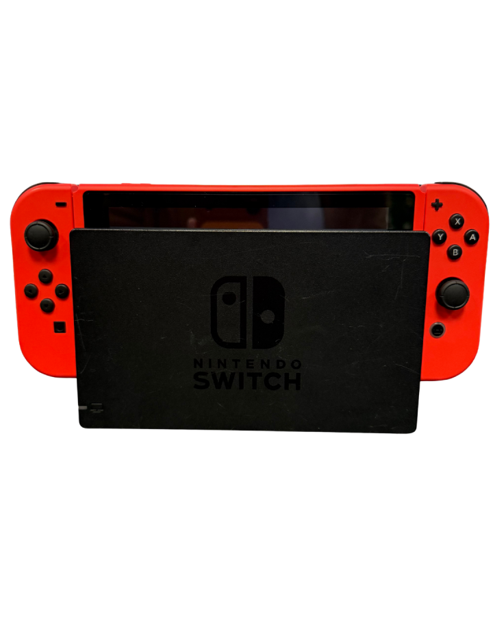 Red Edition Nintendo Switch featuring vibrant red Joy-Con controllers and portable hybrid gaming design with black dock