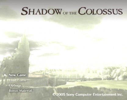 Shadow of the Colossus – PlayStation 2 (PS2) video game title screen, action-adventure game.