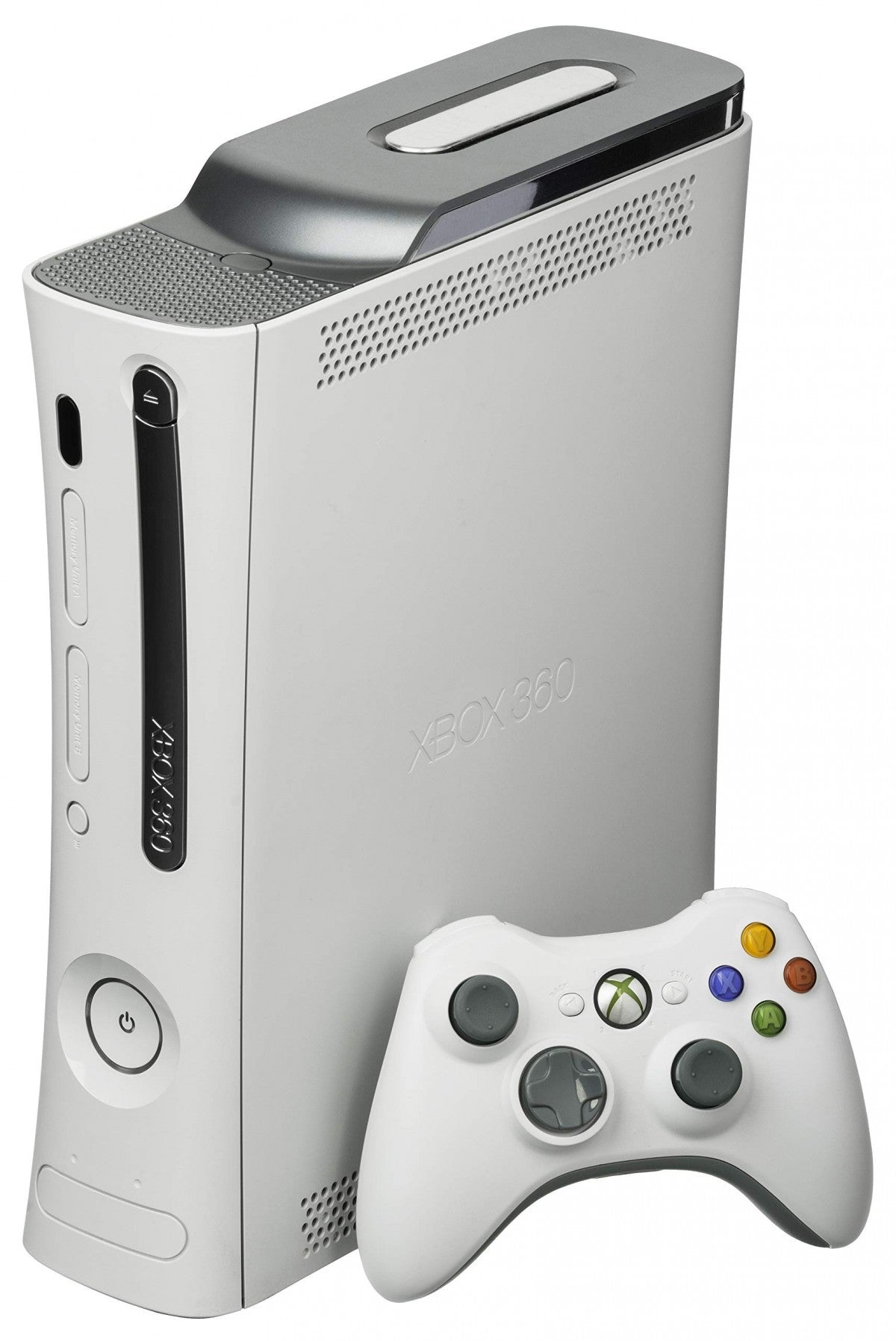 Xbox 360 Phat 250GB Console Microsoft Xbox 360 original phat model home video game console with 250GB storage disc drive HDMI output wireless controller support and online gaming capabilities side with controller