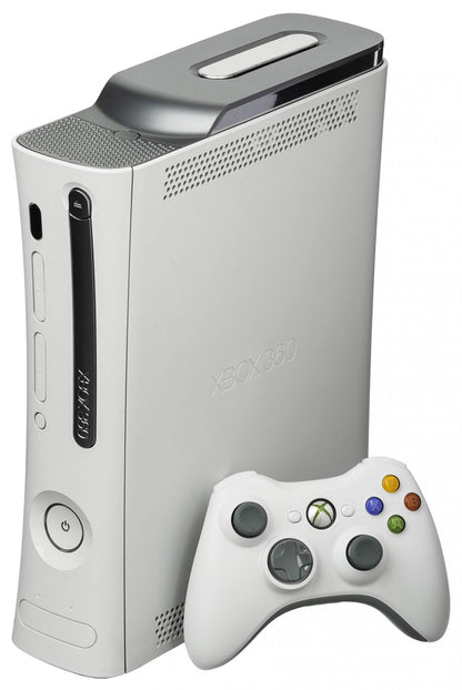 Xbox 360 Phat 250GB Console Microsoft Xbox 360 original phat model home video game console with 250GB storage disc drive HDMI output wireless controller support and online gaming capabilities side with controller