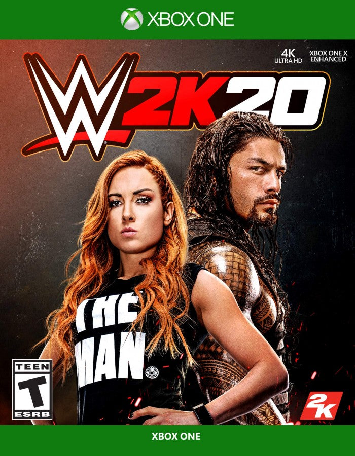 WWE 2K20 Xbox One video game, professional wrestling sports simulation, WWE superstars and career modes, multiplayer gameplay, console title front cover