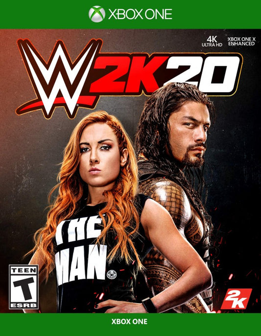 WWE 2K20 Xbox One video game, professional wrestling sports simulation, WWE superstars and career modes, multiplayer gameplay, console title front cover