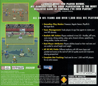 NFL GameDay PS1 PlayStation 1 American football sports game simulation gameplay Madden rival NFL teams season mode retro video game back cover art