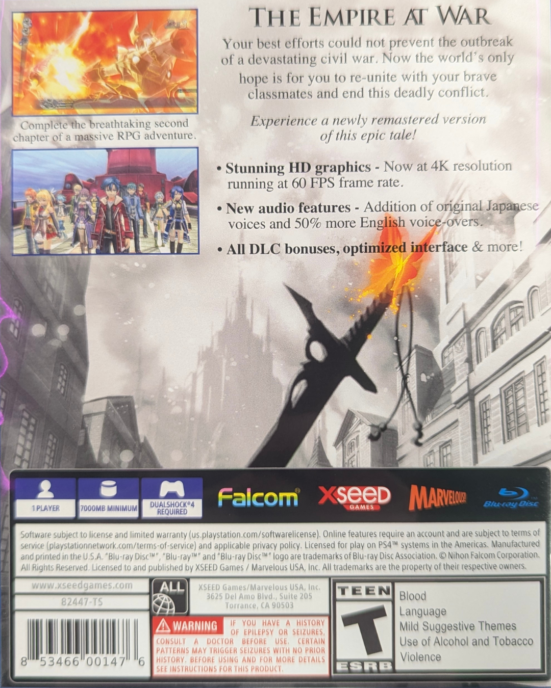 The Legend of Heroes Trails of Cold Steel II PS4 game featuring deep JRPG storytelling, turn-based combat, and an expanded epic fantasy adventure back cover