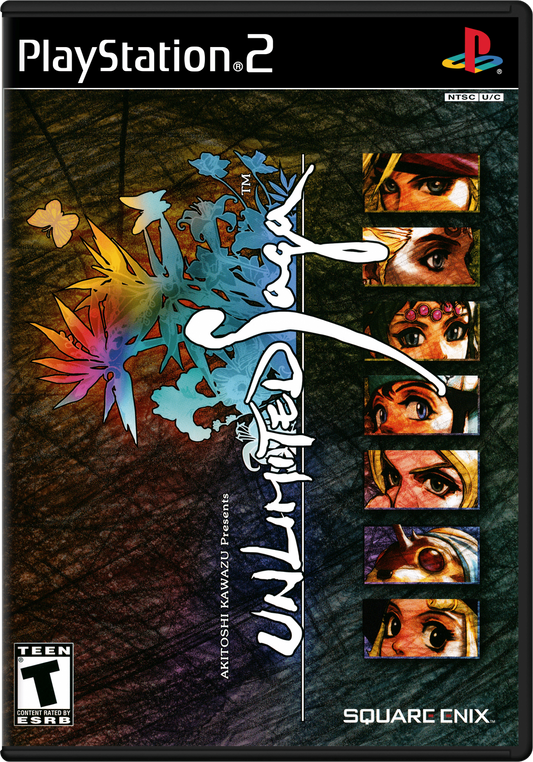 Unlimited Saga PS2 Sony PlayStation 2 JRPG role playing game nonlinear progression SaGa series Square Enix exploration dice based mechanics turn based combat story driven fantasy adventure experimental gameplay PlayStation 2 software video game title cover art