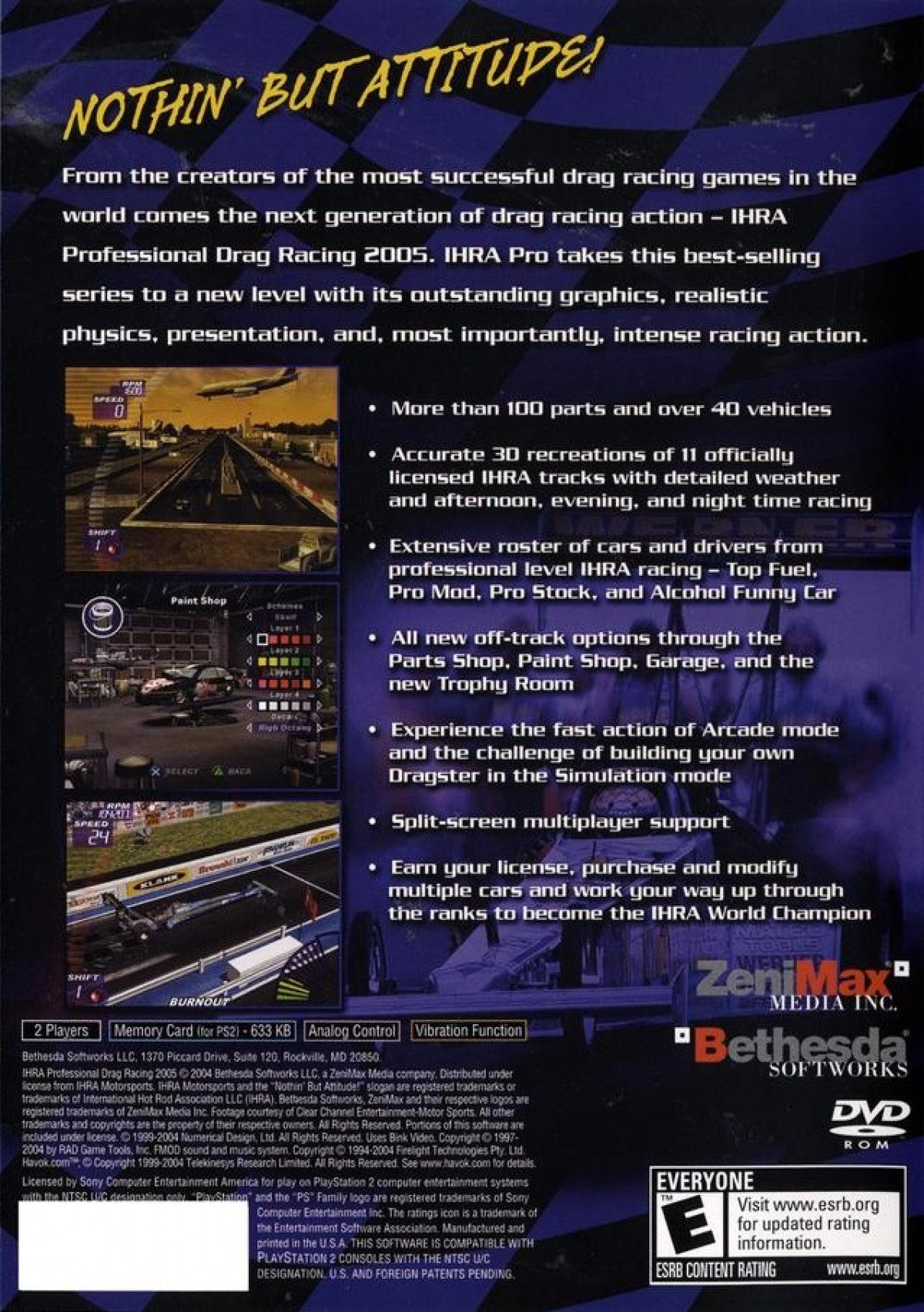 IHRA Professional Drag Racing 2005 back cover art for Playstation 2 (PS2) video game