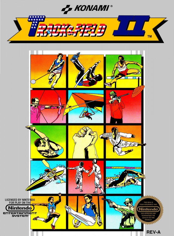 Track and Field II retro NES video game Track and Field sports olympic competition arcade athletics multiplayer mini games classic console title Nintendo Entertainment System release cover art