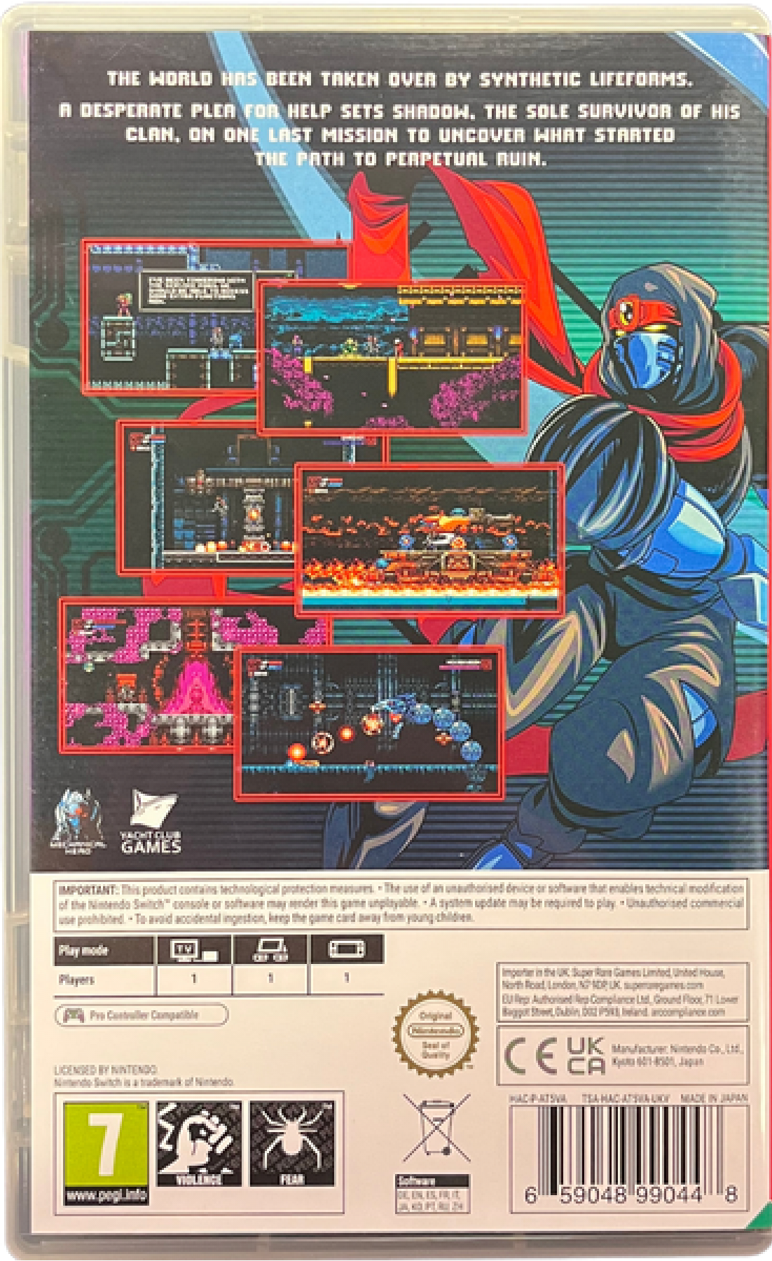 Cyber Shadow Nintendo Switch inspired design featuring retro inspired ninja action platformer aesthetic cyberpunk world fast paced sword combat pixel art visuals futuristic enemies challenging side scrolling gameplay modern indie adventure presentation gameplay back art 
