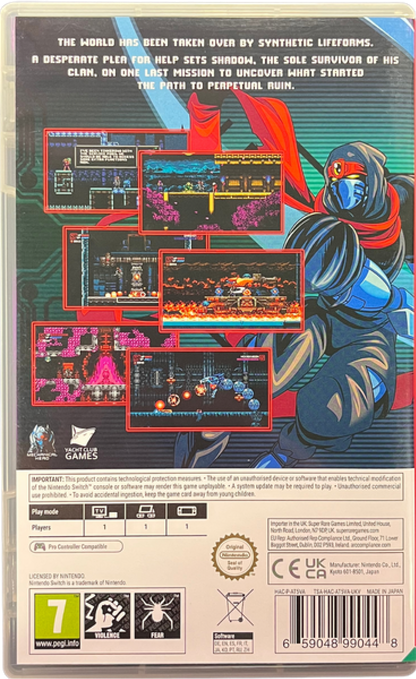 Cyber Shadow Nintendo Switch inspired design featuring retro inspired ninja action platformer aesthetic cyberpunk world fast paced sword combat pixel art visuals futuristic enemies challenging side scrolling gameplay modern indie adventure presentation gameplay back art 