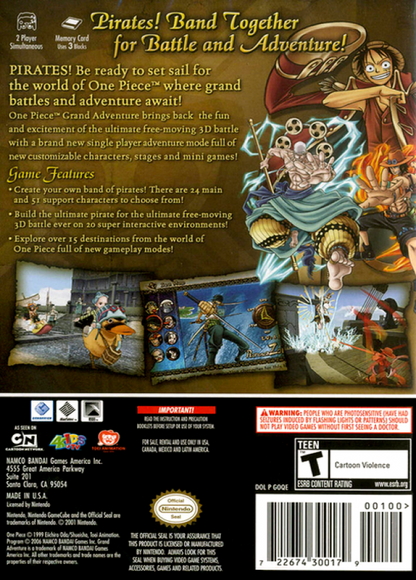 One Piece Grand Adventure GameCube game featuring anime-style fighting gameplay and adventure modes with One Piece characters back cover