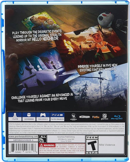 Hello Neighbor Hide & Seek back cover art for PlayStation 4 video game.