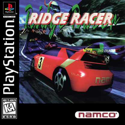 Ridge Racer PlayStation 1 PS1 for retro video game enthusiasts featuring arcade racing gameplay high speed driving responsive drifting mechanics multiple race courses classic sports cars fast paced competition and collectible gaming appeal front cover