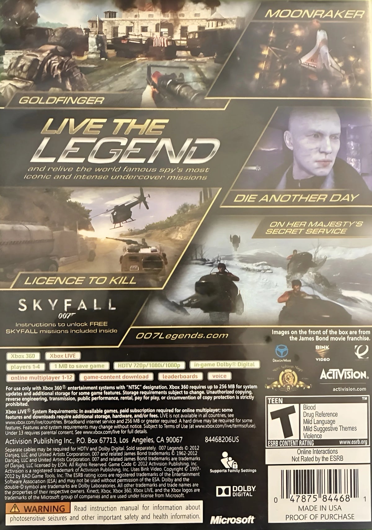 007 Legends Xbox 360 X360 video game featuring first person shooter action gameplay James Bond secret agent missions spy espionage combat iconic Bond villains stealth operations weapon gadgets high stakes objectives cinematic action sequences classic James Bond movie inspired missions and multiplayer combat retro video game collection collectible gaming appeal back cover
