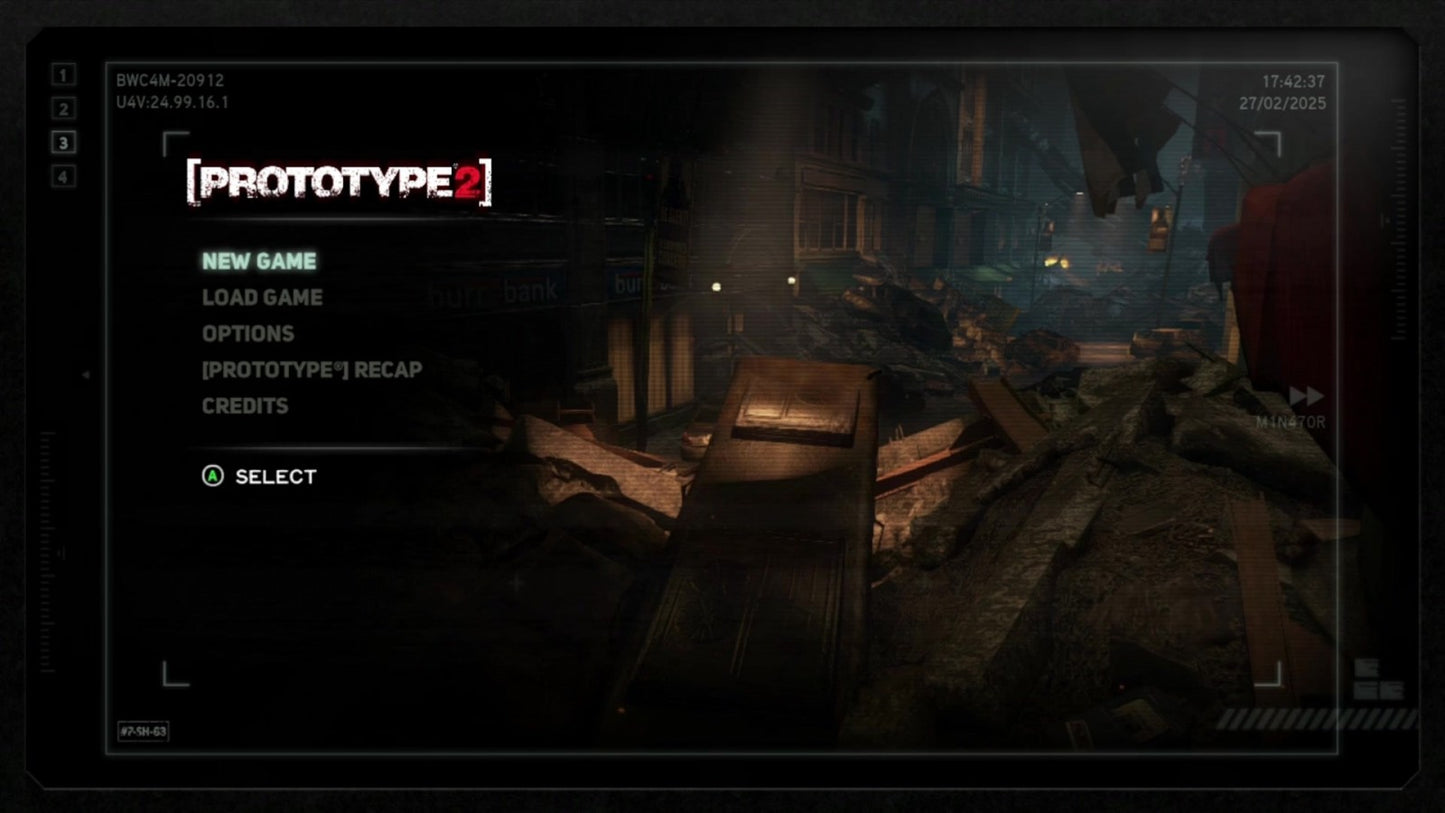 Prototype 2 start screen for Xbox 360 (X360) open-world action-adventure video game